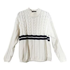 Trader Bay Men’s Vintage Ivory Navy Cable‎ Knit Mock Neck Chunky Sweater Large